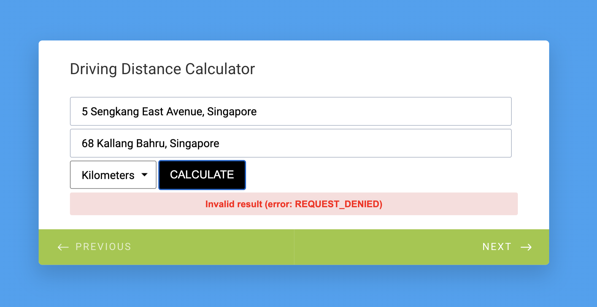 Driving Distance calculator Widget Error